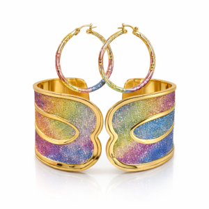 Stylish jewelry set featuring vibrant rainbow cuff