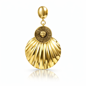 Elegant gold statement earring, sculpted fan-shaped.